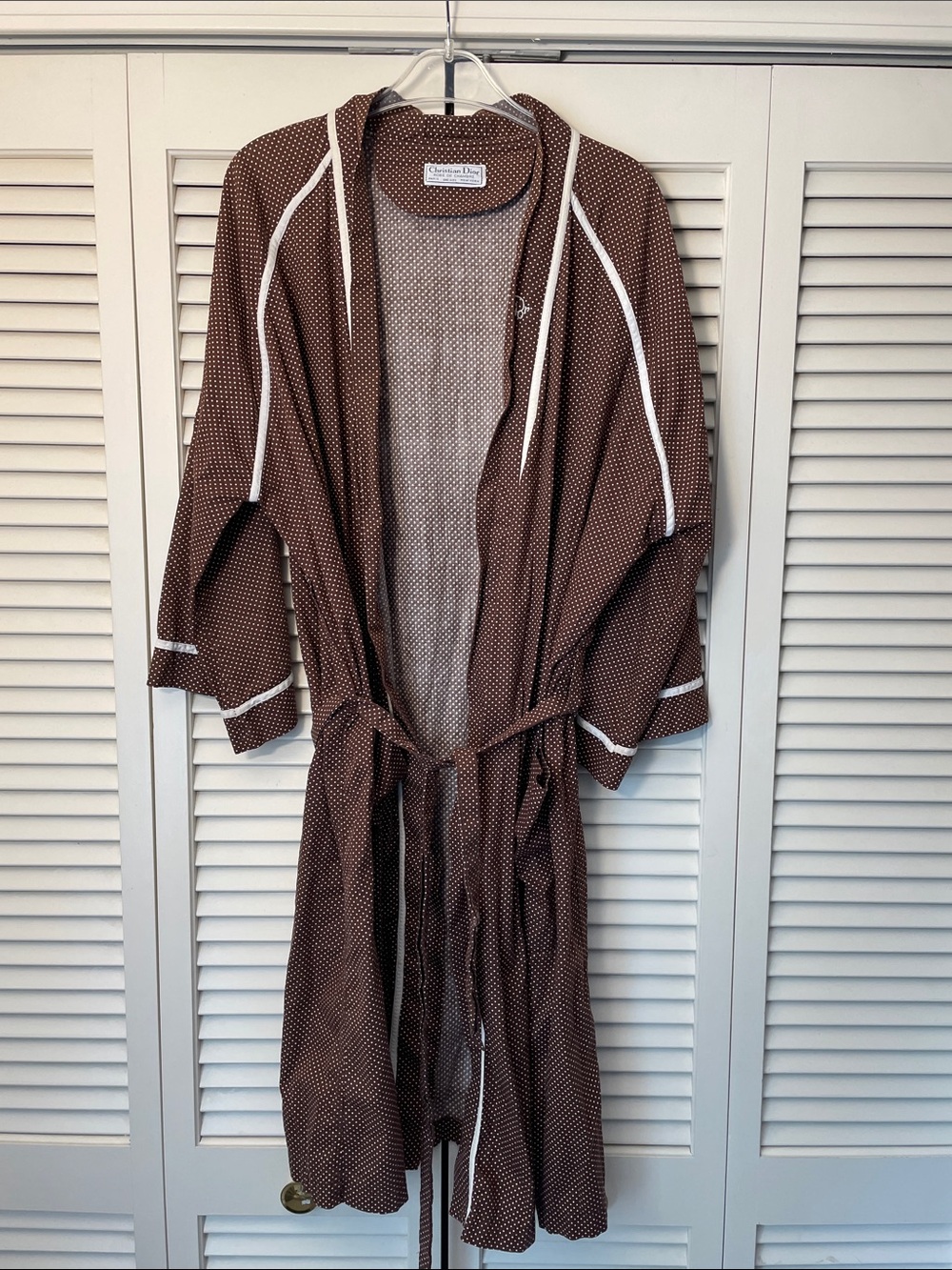 Christian Dior Vintage Mens Cotton Robe Brown w/ White Trim Polka Dot tie